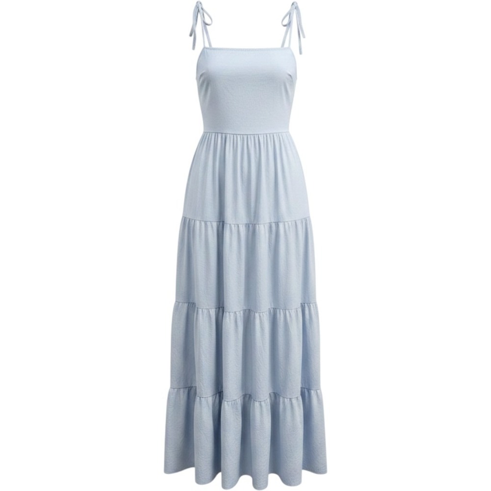 PIECES Dress Womens Light Blue Martha Strap Ankle Tiered Cotton Boho Maxi Dress